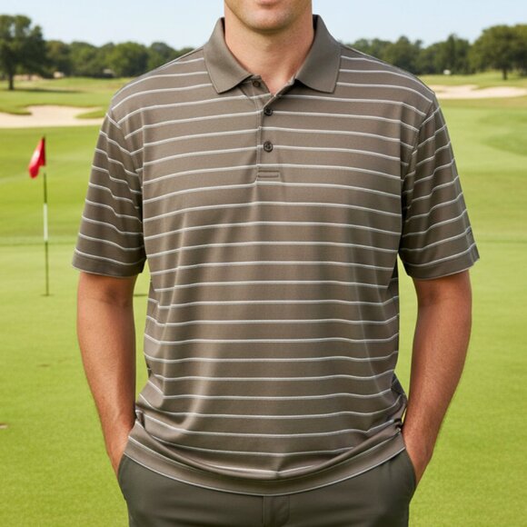 Nike Golf Polo Shirt Men’s L Bronze White Striped Dri-FIT Performance Wicking - Picture 1 of 7